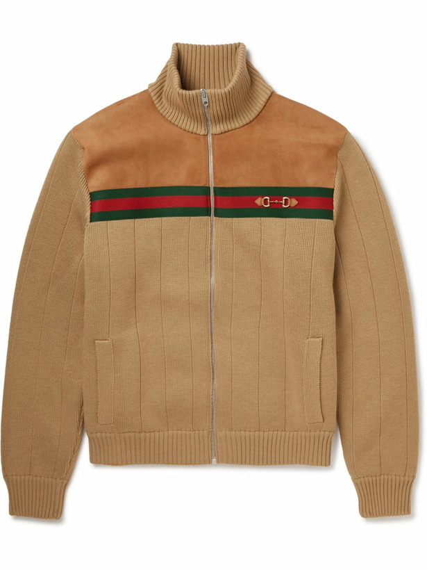 Photo: GUCCI - Webbing-Trimmed Suede-Panelled Wool Bomber Jacket - Brown