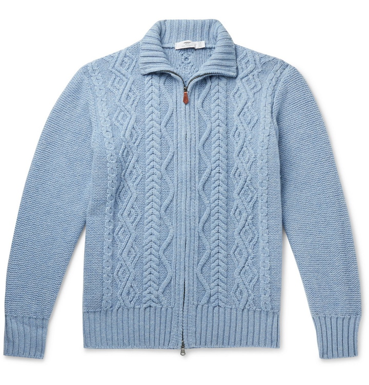 Photo: Inis Meáin - Cable-Knit Merino Wool Zip-Up Cardigan - Blue