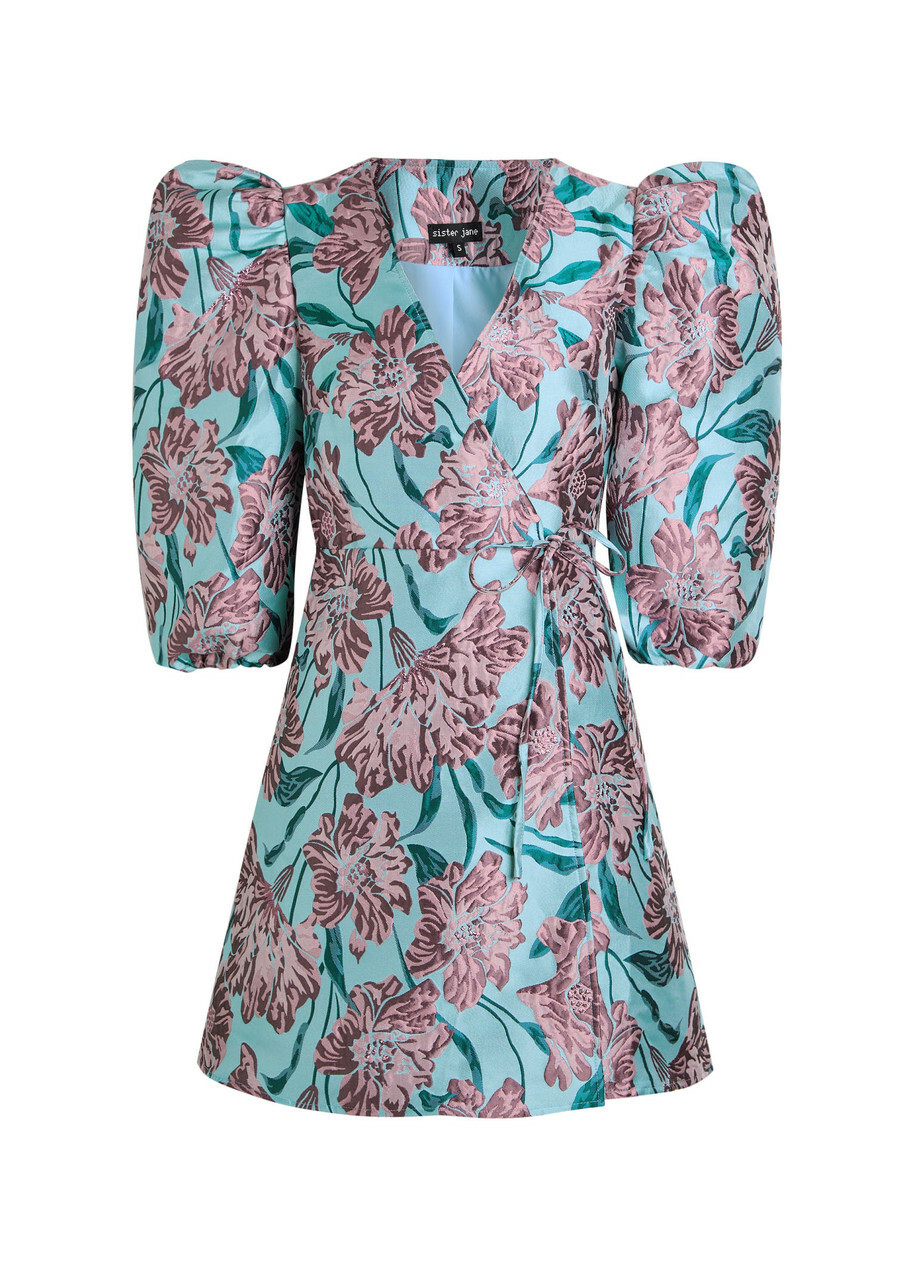 Sister Jane Deco Bloom Floral-jacquard Woven Mini Wrap Dress Blue