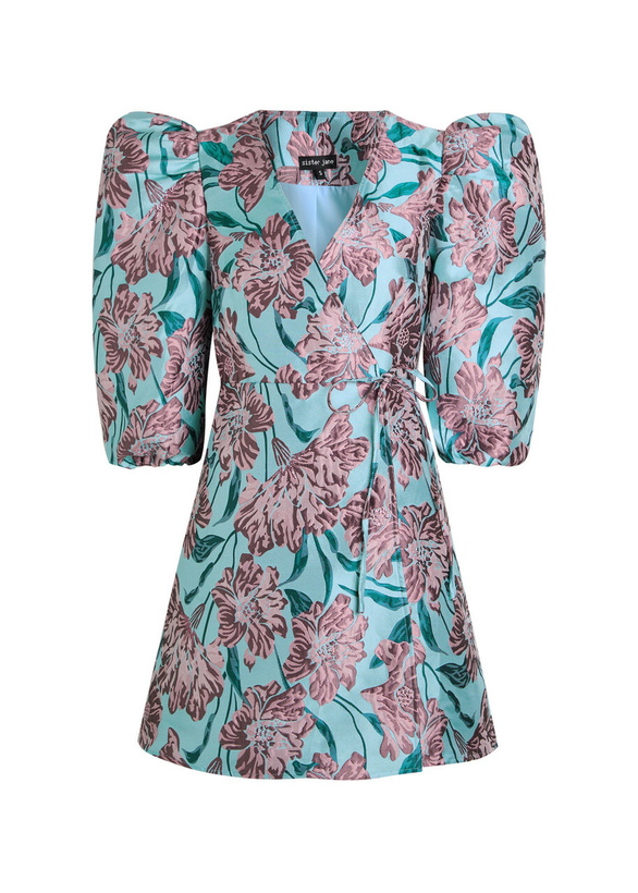 Photo: Sister Jane Deco Bloom Floral-jacquard Woven Mini Wrap Dress Blue