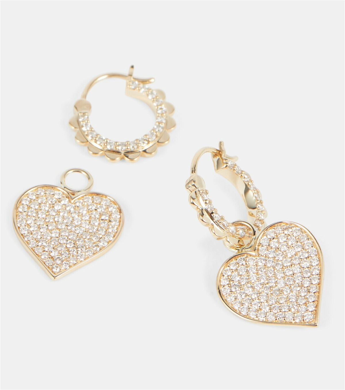 Sydney Evan 14kt gold scalloped heart charm hoop earrings with diamonds