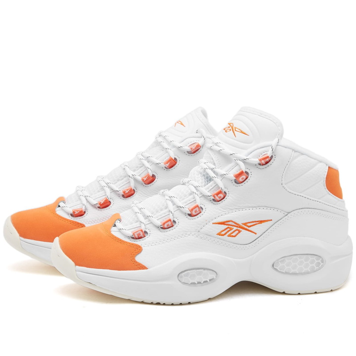 Photo: Reebok Men's Question Mid Sneakers in White/Smash Orange/Chalk