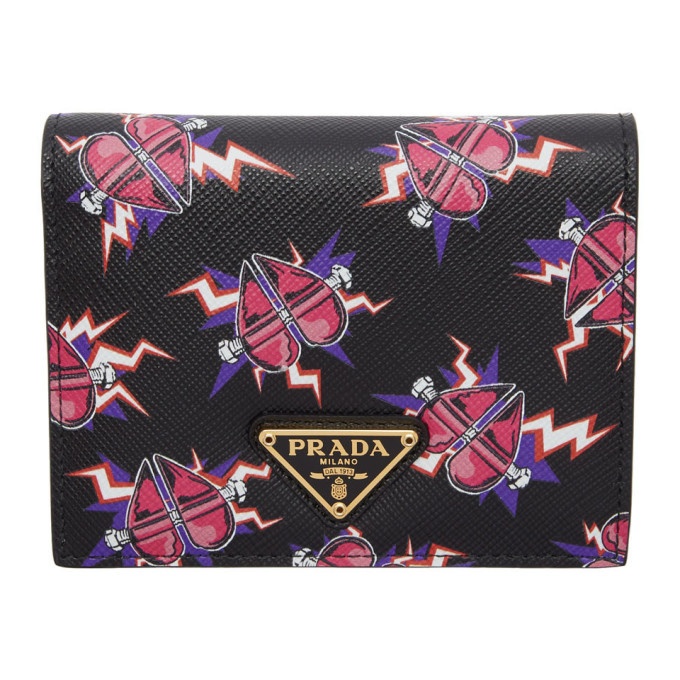 Prada Pink and Black Heart Printed French Wallet Prada