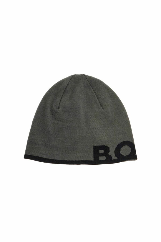 Photo: BOSS elegant dark gray wool and acrylic beanie with contrasting logo Grey