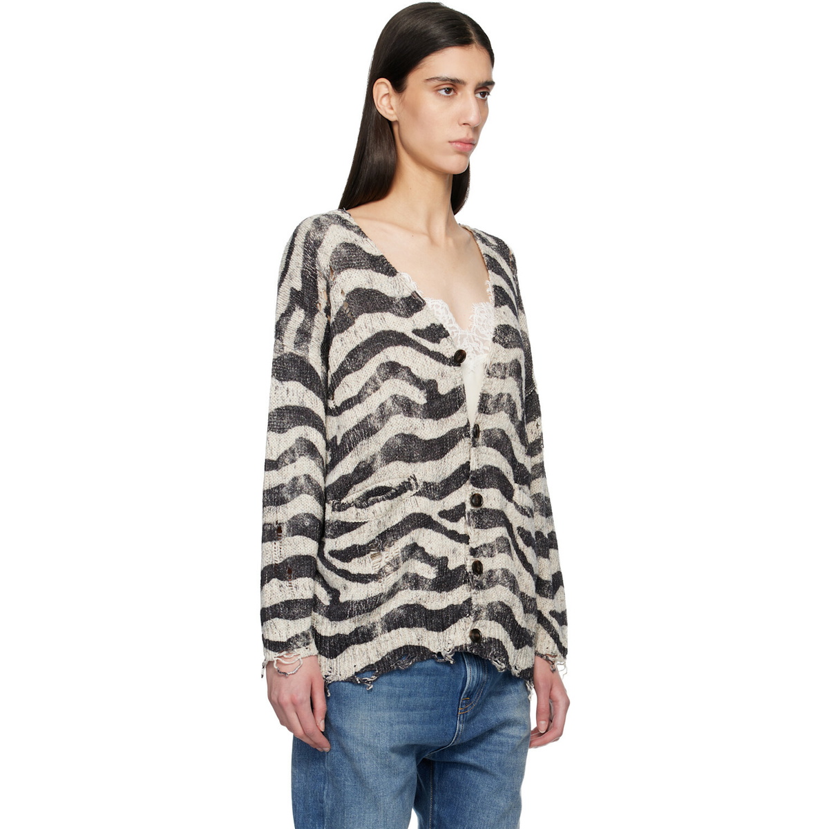 R13 Off-White & Black Printed Oversized Cardigan