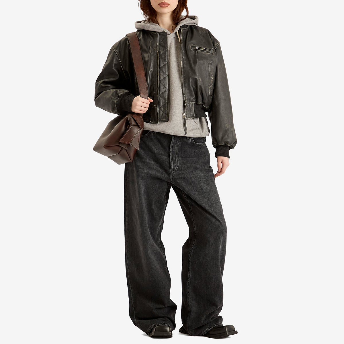 Acne Studios Women's New Lomber Leather Bomber Jacket in Vintage Black