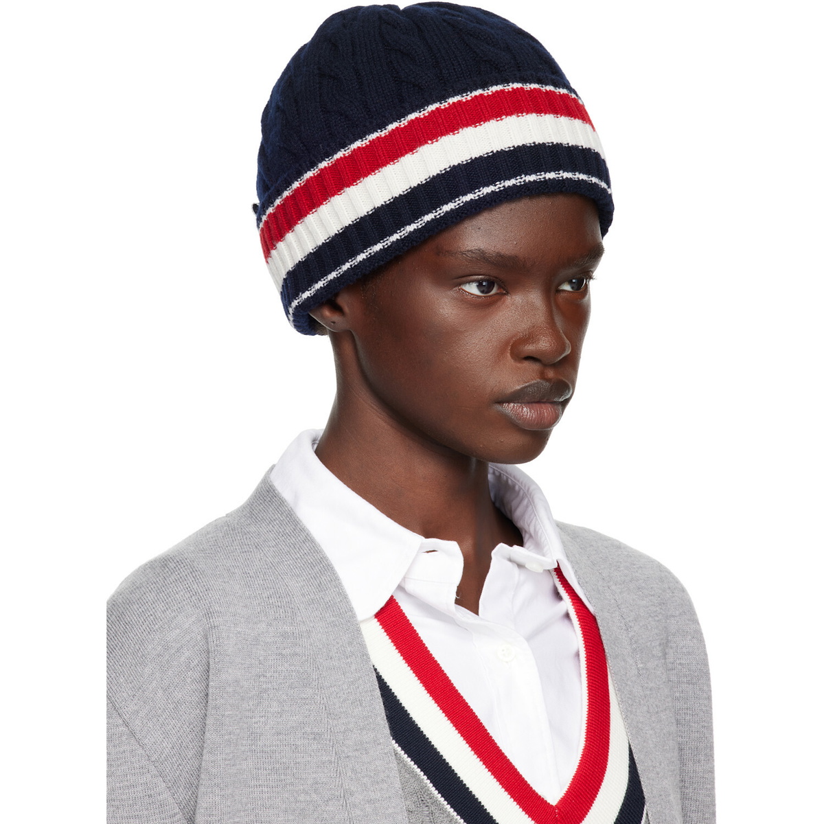 Thom Browne Navy Cable & Rib Merino Wool RWB Stripe Beanie