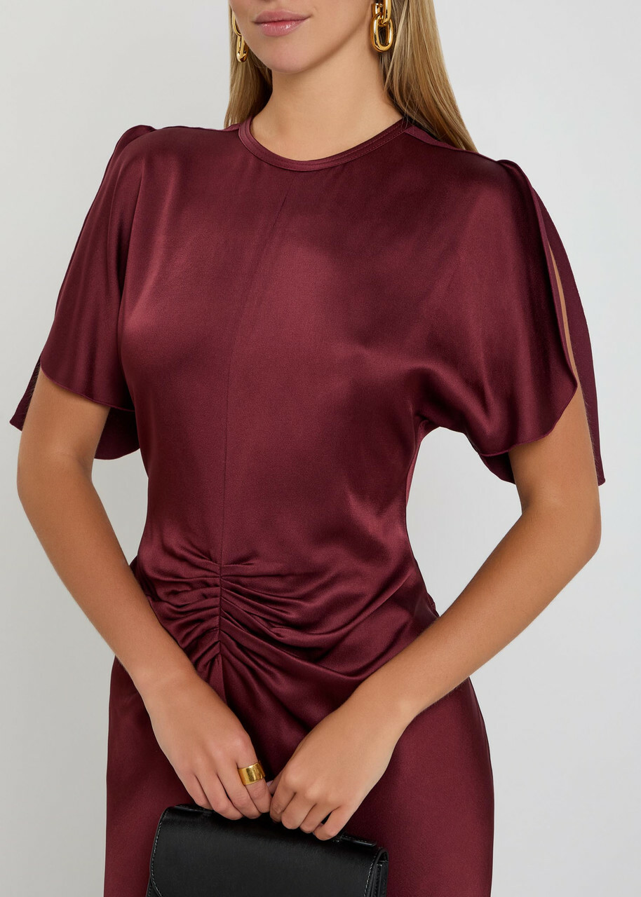 Victoria Beckham Gathered Satin-crepe Midi Dress Dark Red