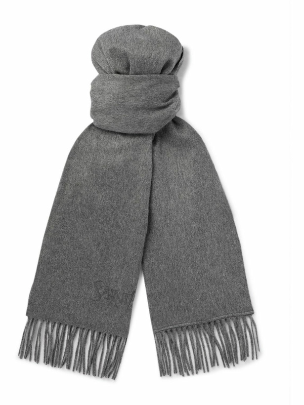 Photo: SAINT LAURENT - Logo-Embroidered Fringed Cashmere Scarf