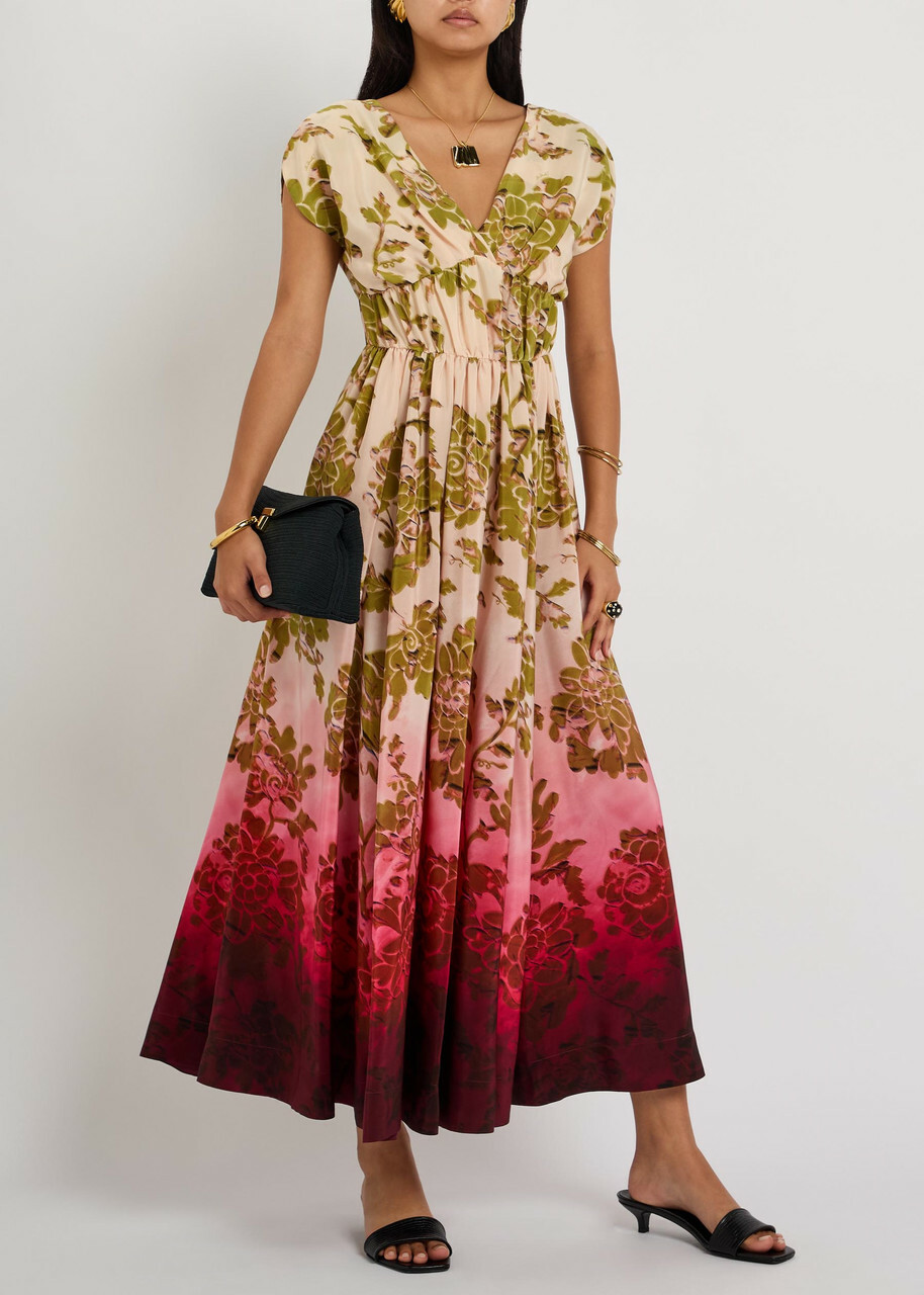 LA Double J Waldorf Printed Smocked Silk Midi Dress Red