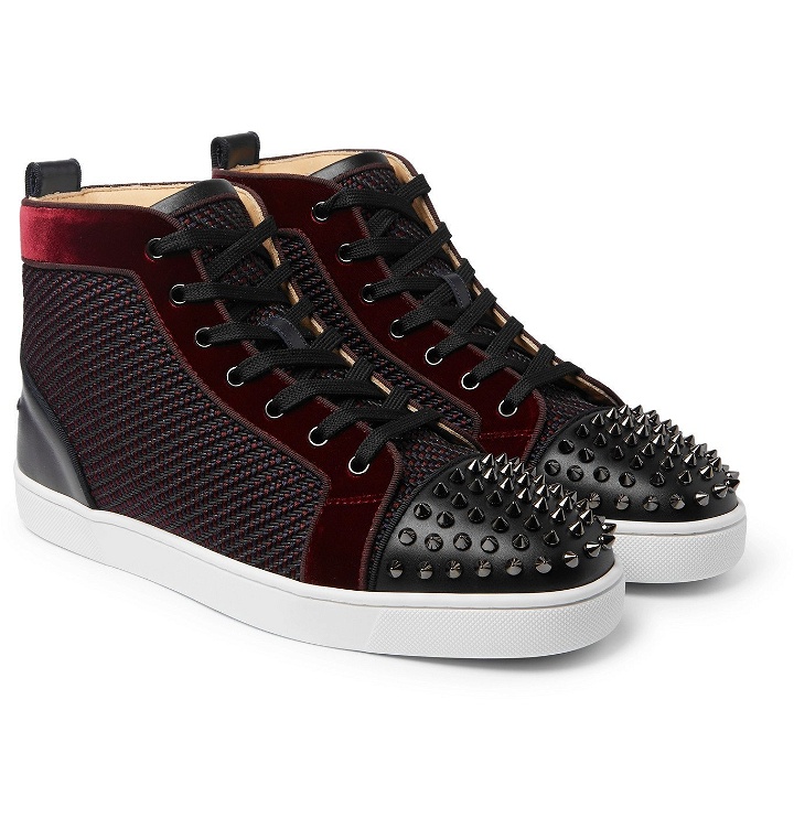 Photo: Christian Louboutin - Lou Spikes Orlato Velvet, Raffia and Leather High-Top Sneakers - Blue