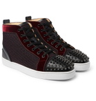 Christian Louboutin - Lou Spikes Orlato Velvet, Raffia and Leather High-Top Sneakers - Blue