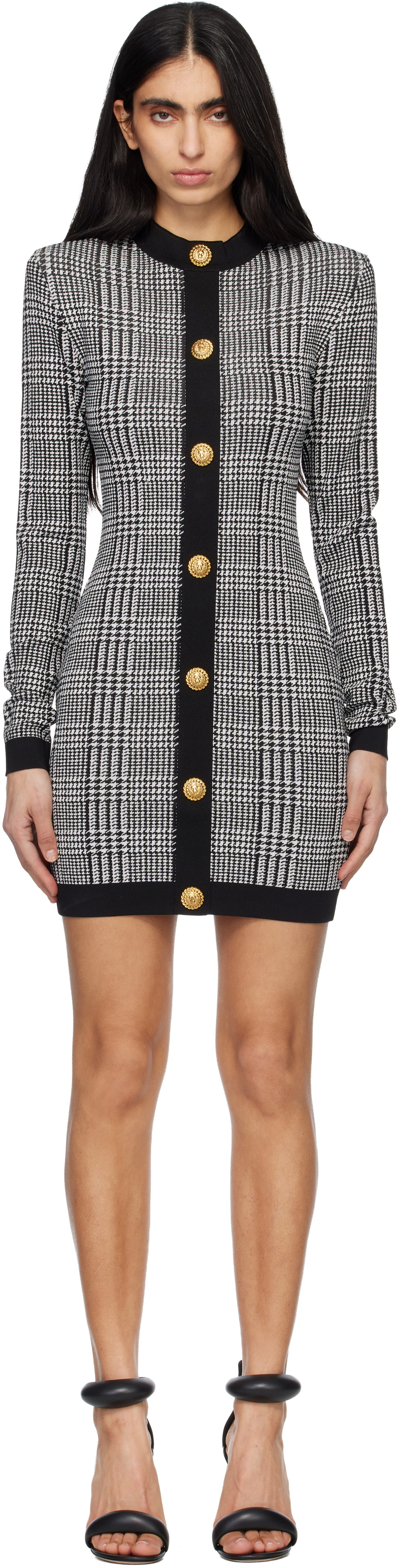 BALMAIN Black & White Long Sleeve Prince Of Wales Minidress