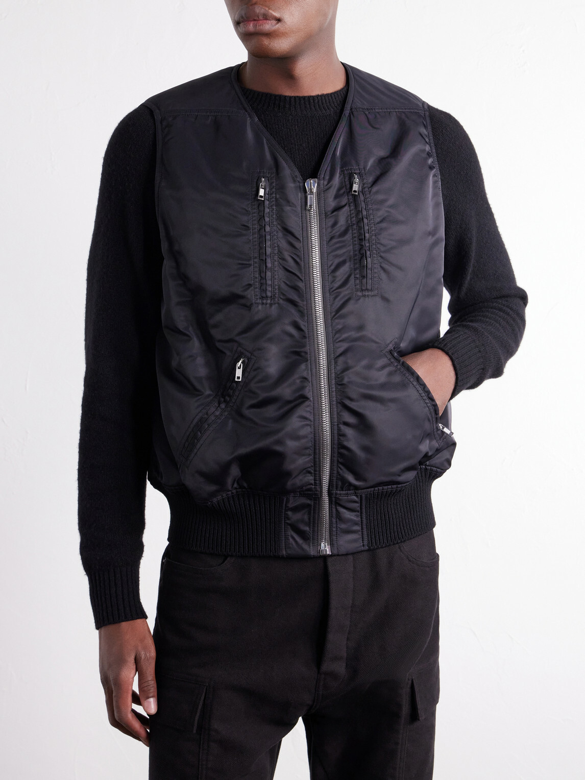 Rick Owens - Two-Piece Buckled Rib-Trimmed Satin Bomber Jacket - Black
