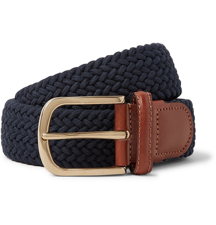 Photo: Anderson & Sheppard - 3.5cm Leather-Trimmed Woven Elastic Belt - Blue