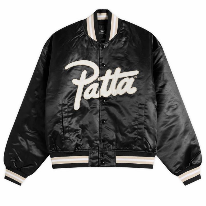 Photo: Patta Men's Script Logo Satin Varsity Jacket in Black