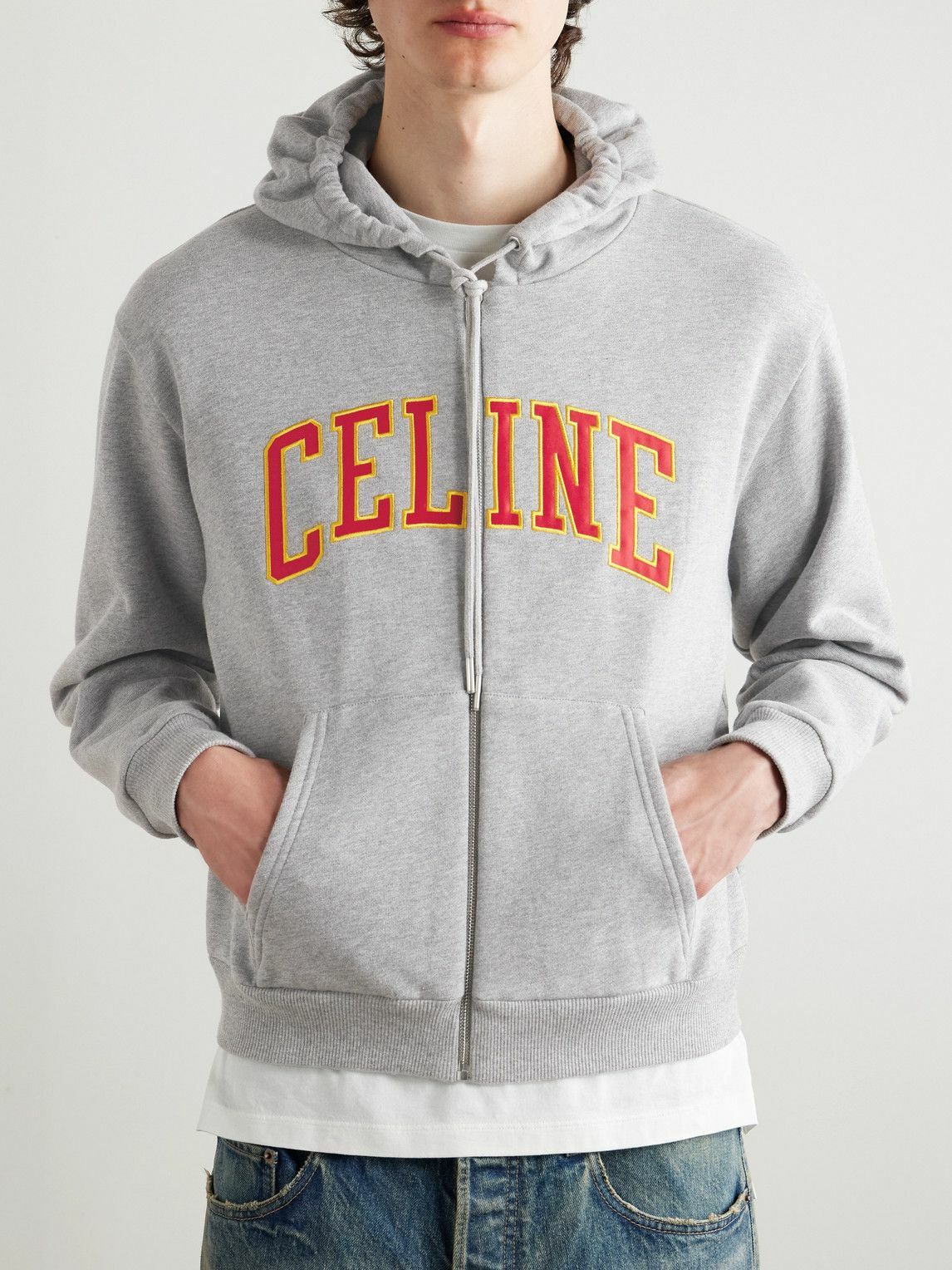 CELINE - Logo-Appliquéd Cotton-Jersey Zip-Up Hoodie - Gray