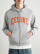 CELINE - Logo-Appliquéd Cotton-Jersey Zip-Up Hoodie - Gray