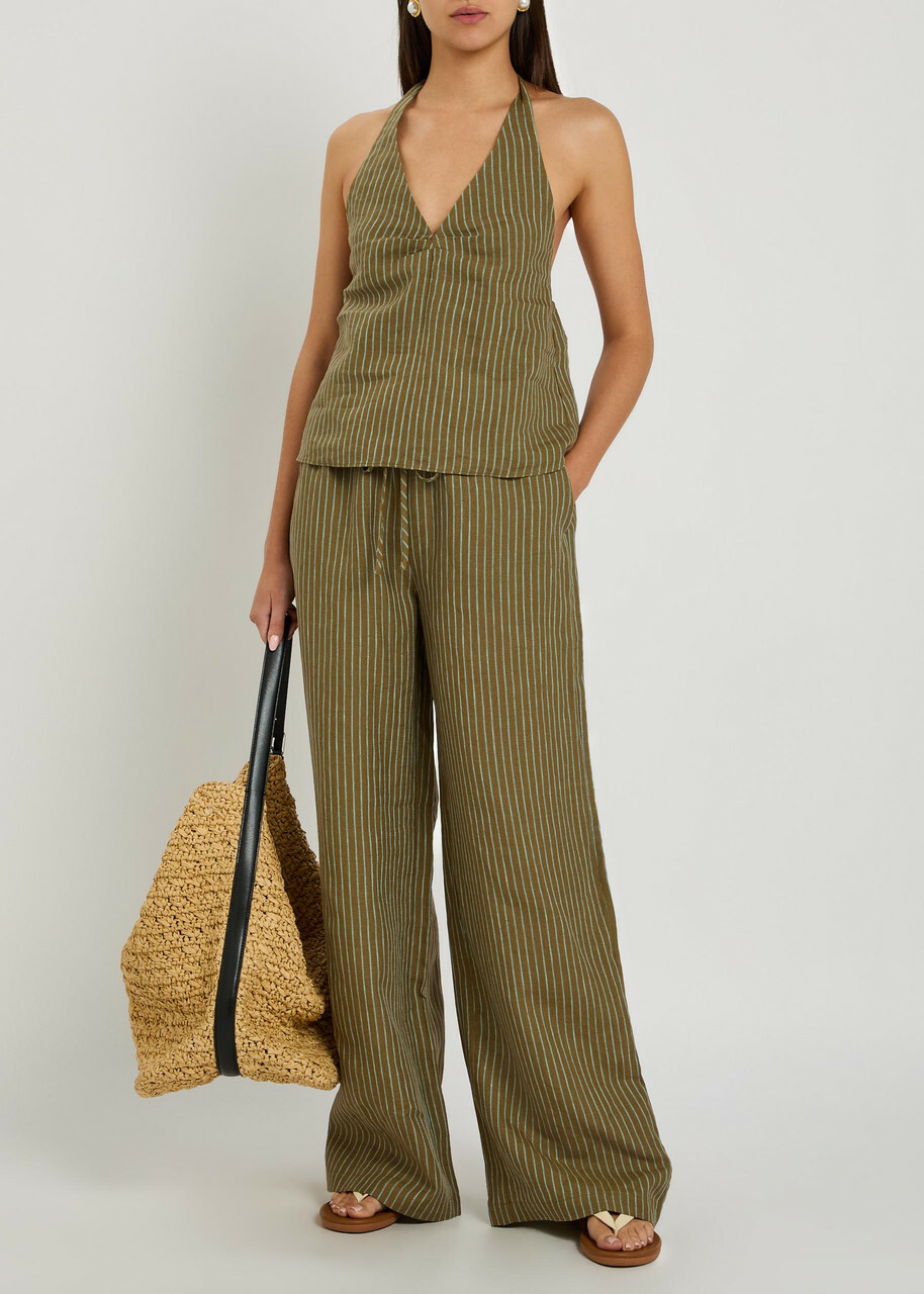 Staud Mateo Striped Linen Trousers Green
