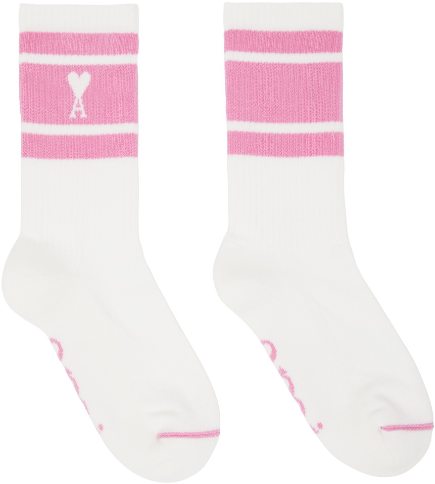 AMI Paris White & Pink Ami de Cœur Striped Socks AMI