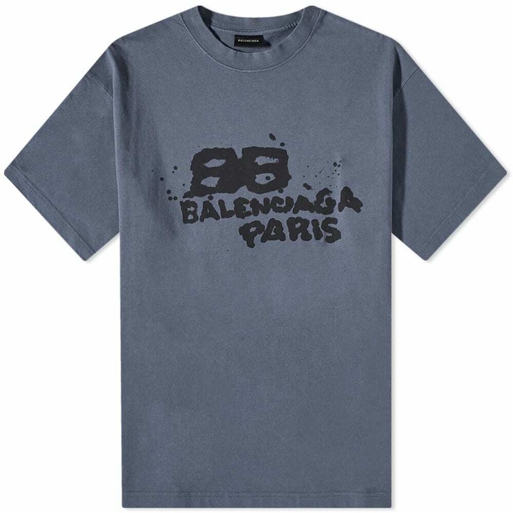 Photo: Balenciaga Men's Dirty BB Paris Logo T-Shirt in Washed Blue/Black