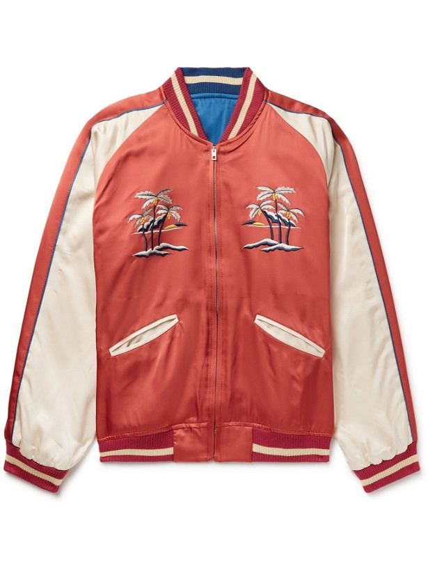 Photo: THE REAL MCCOY'S - Suka Embroidered Colour-Block Satin Bomber Jacket - Red