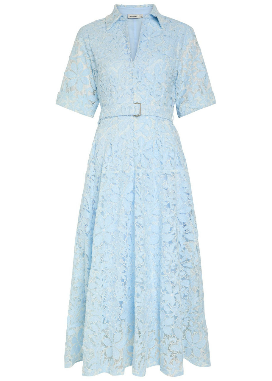 Simkhai Deanna Floral-appliquéd Lace Midi Shirt Dress Blue