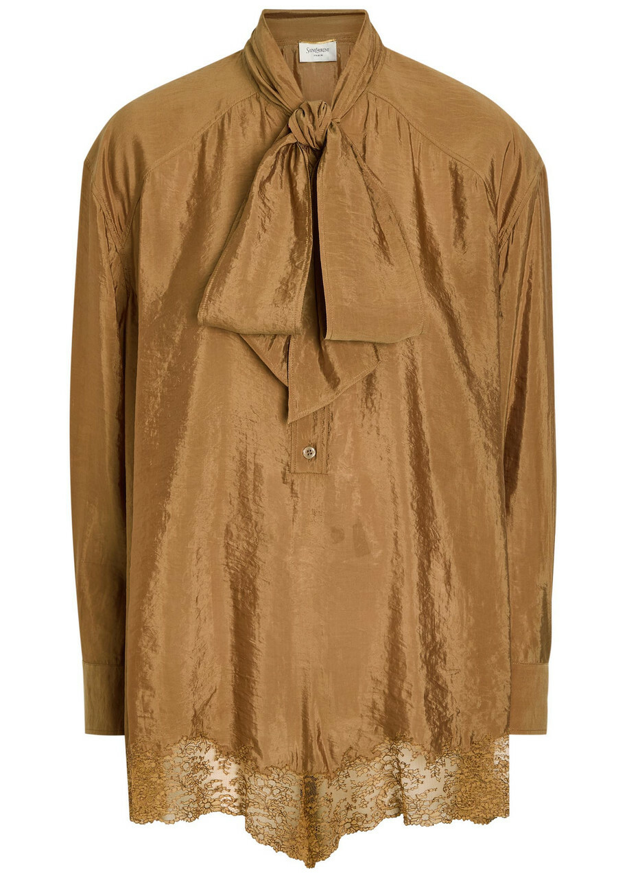 Saint Laurent Lace-trim Brushed Satin Playsuit Caramel