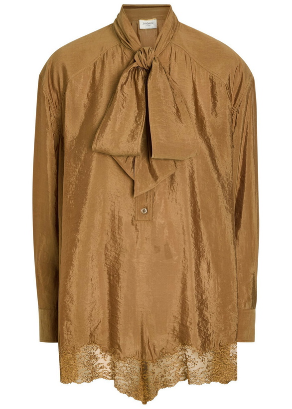 Photo: Saint Laurent Lace-trim Brushed Satin Playsuit Caramel