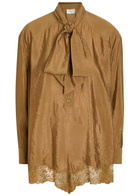 Saint Laurent Lace-trim Brushed Satin Playsuit Caramel