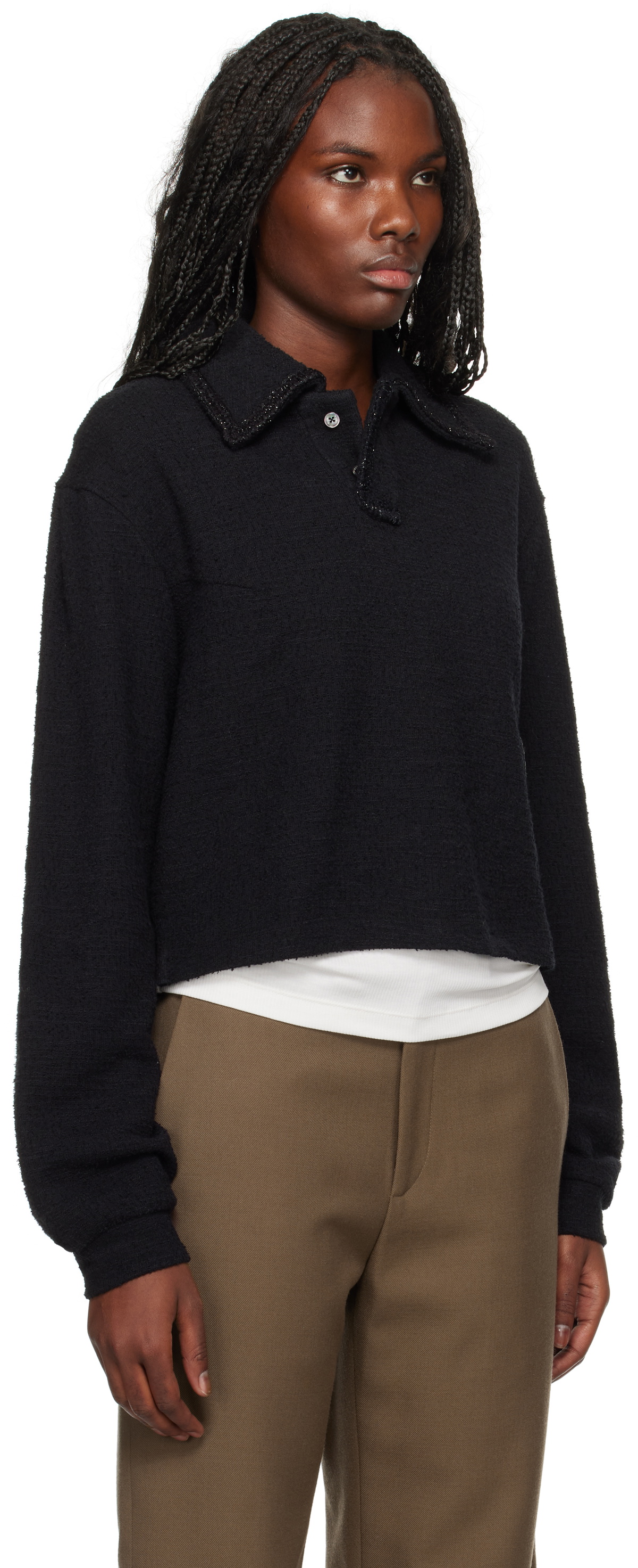 WOOYOUNGMI Black Long Sleeve Tweed Polo