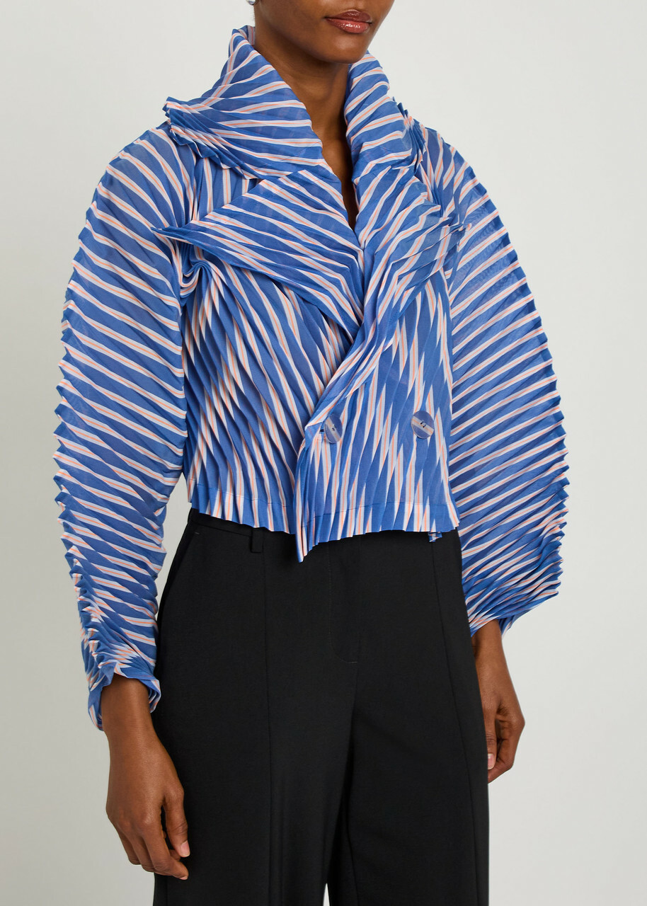 Issey Miyake Striped Pleated Woven Jacket Blue