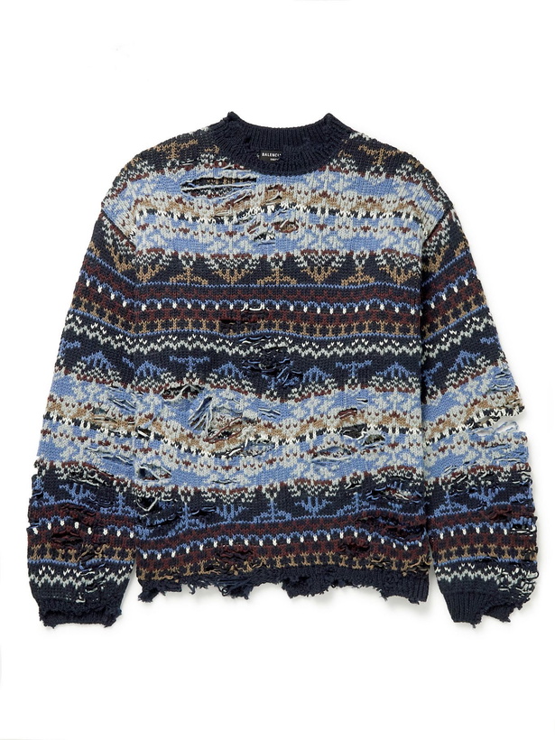 Photo: BALENCIAGA - Oversized Distressed Fair Isle Wool-Blend Sweater - Blue