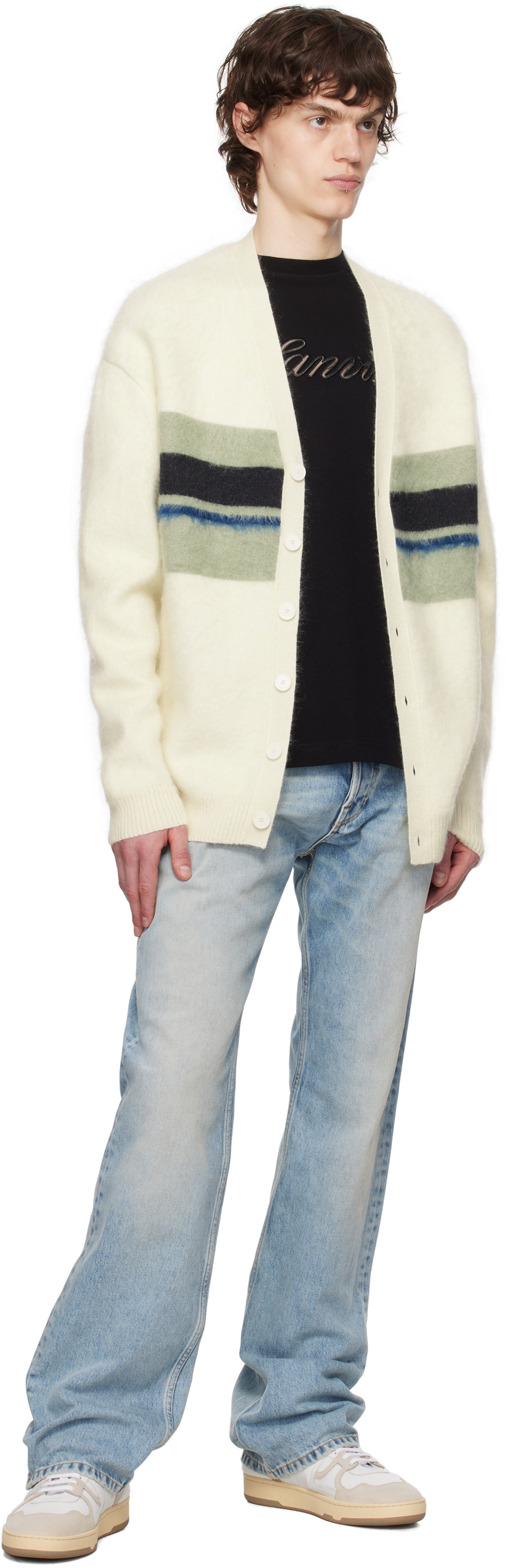 Lanvin Off-White & Green Striped Brushed Mohair Cardigan