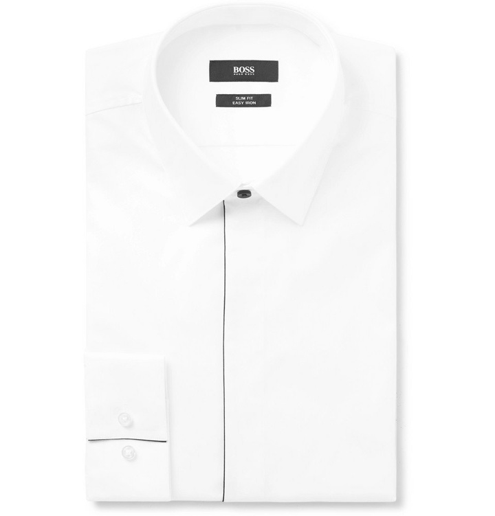 Photo: Hugo Boss - White Ivan Slim-Fit Piped Cotton-Poplin Tuxedo Shirt - Men - White