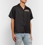 AMIRI - Camp-Collar Leather-Trimmed Appliquéd Silk-Twill Shirt - Black