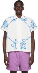 Bode SSENSE Exclusive White & Blue Limited Edition Chenille Fleur Short Sleeve Shirt