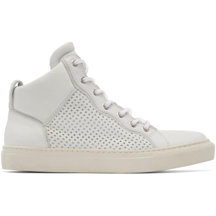 Photo: Balmain White Leather Perforated Mid-Top Sneakers