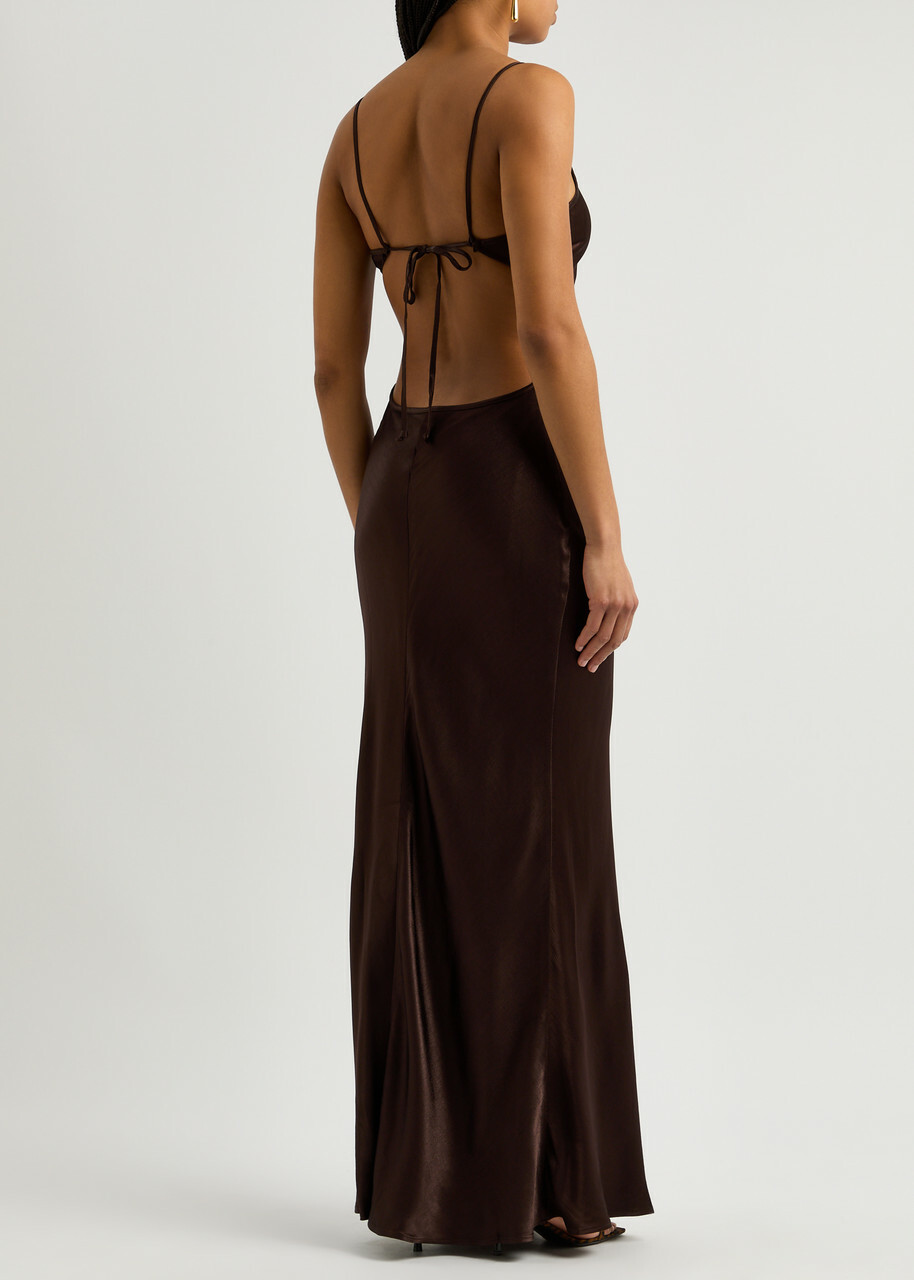 blue dress for baby girl Chocolate Brown Satin Surplice Neck Tie Back Pleated Maxi Dress Large main image 0