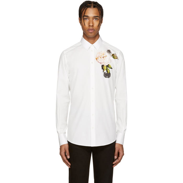 Photo: Dolce and Gabbana White Embellished Flower Shirt