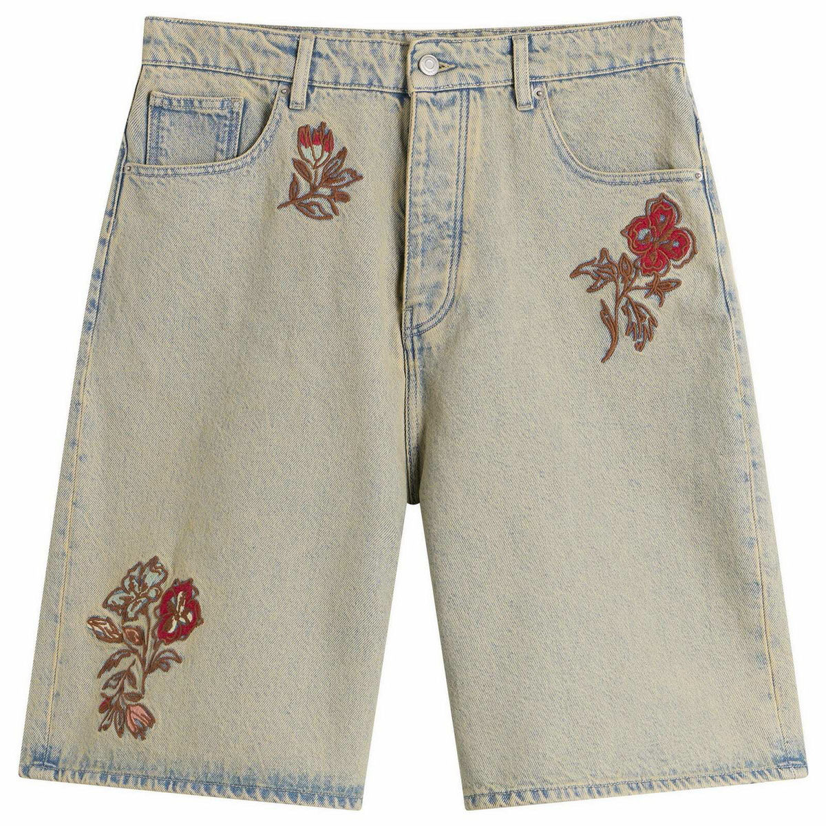 Drôle de Monsieur Men's Embroidered Flowers Patch Denim Shorts in Dusty