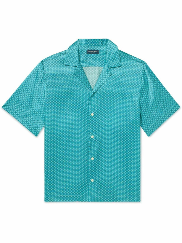 Photo: Frescobol Carioca - Roberto Camp-Collar Printed Silk-Satin Shirt - Blue