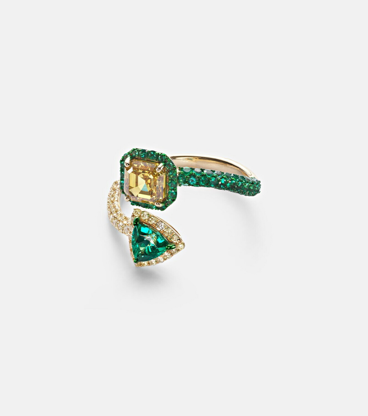 Kamyen 18kt gold ring with diamonds and emeralds