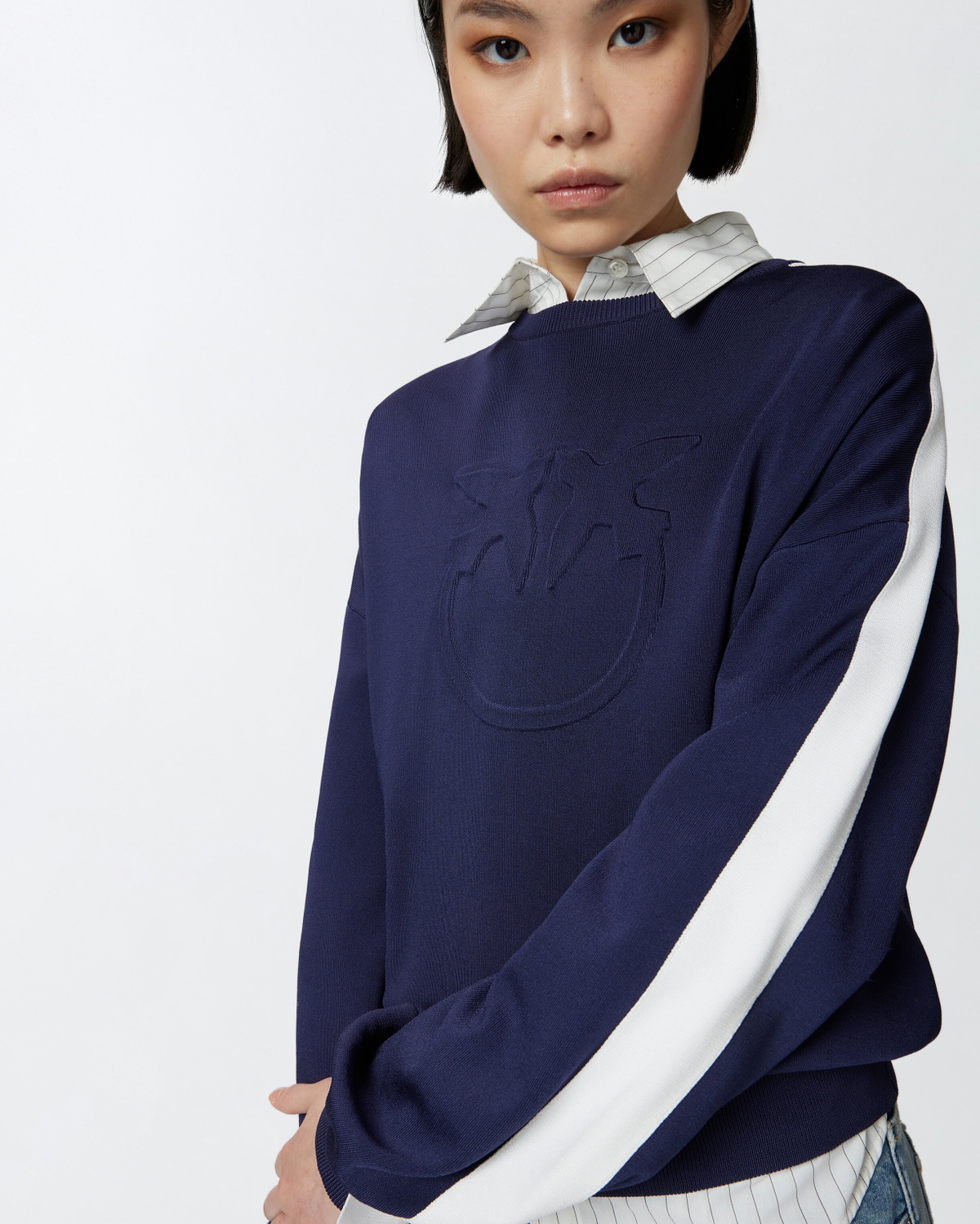 Pinko Crew Neck Sweatshirt With Wide Sleeves And Raised Logo Blue/White