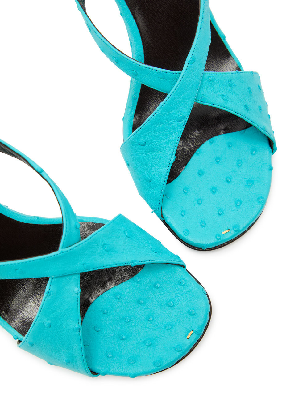 Khaite Liria 75 Cross-over Ostrich Leather Sandals Light Blue