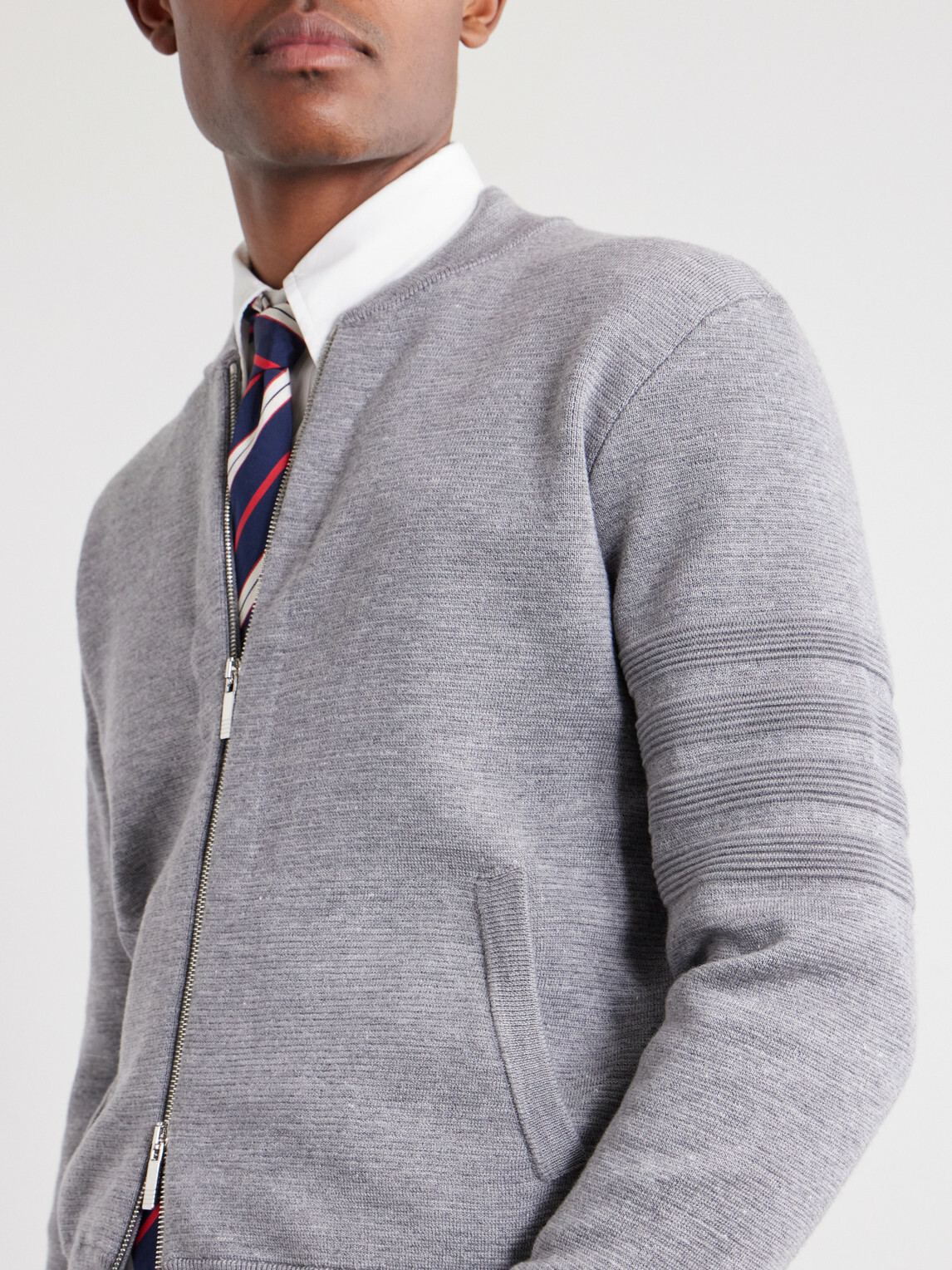 Thom Browne - Striped Wool, Linen and Cotton-Blend Zip-Up Cardigan - Gray