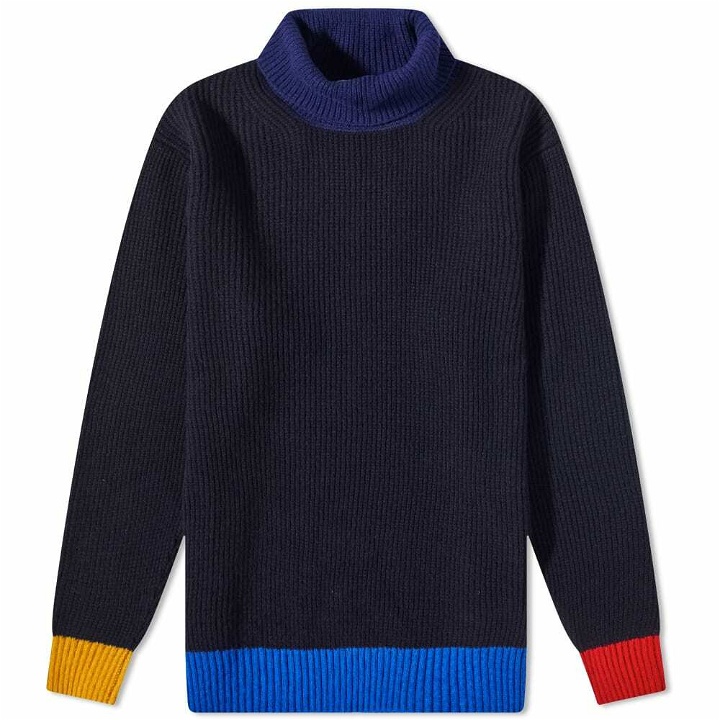 Photo: Country Of Origin Men's Contra Polo Neck Knit in Navy/Niagara/Speedwell/Pamplemouse/Yeoman