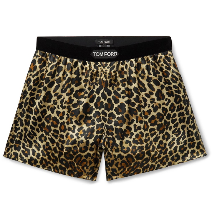 Photo: TOM FORD - Velvet-Trimmed Leopard-Print Stretch-Silk Satin Boxer Shorts - Animal print