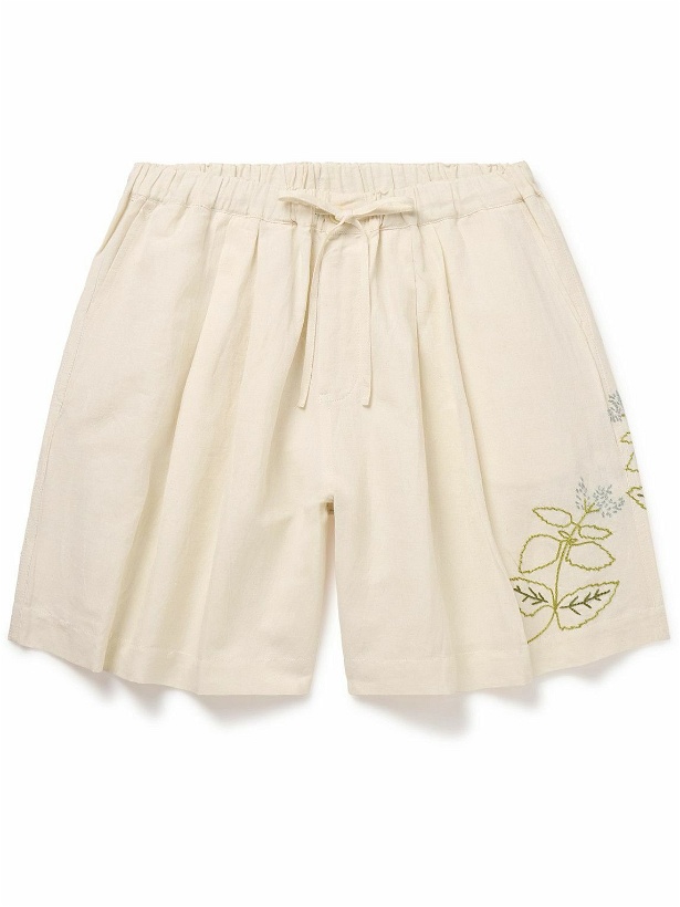 Photo: Story Mfg. - Bridge Wide-Leg Embroidered Cotton and Linen-Blend Drawstring Shorts - Neutrals