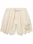 Story Mfg. - Bridge Wide-Leg Embroidered Cotton and Linen-Blend Drawstring Shorts - Neutrals